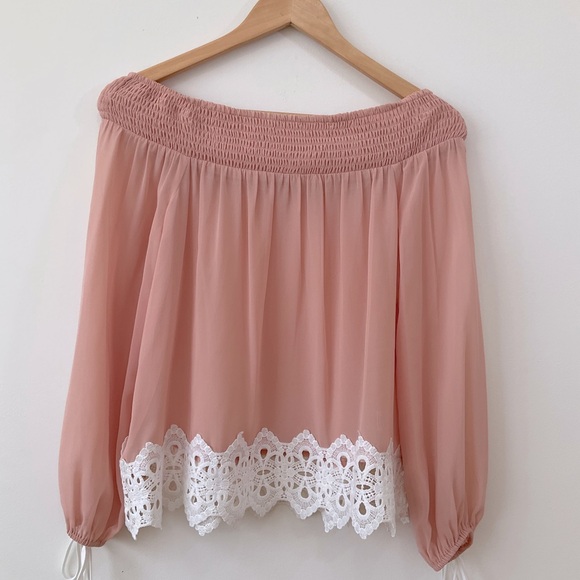Anthropologie After Market Top Chiffon Lace Off Shoulder Blouse Pink Size S - Picture 3 of 9